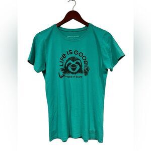 Life Is Good Take It Slow Green Sloth Graphic Tshirt Size Small Short Sleeved